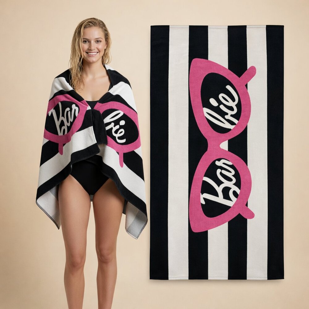 Barbie Sunny Chic Beach Towel 34x64 Pink Black Striped Cotton